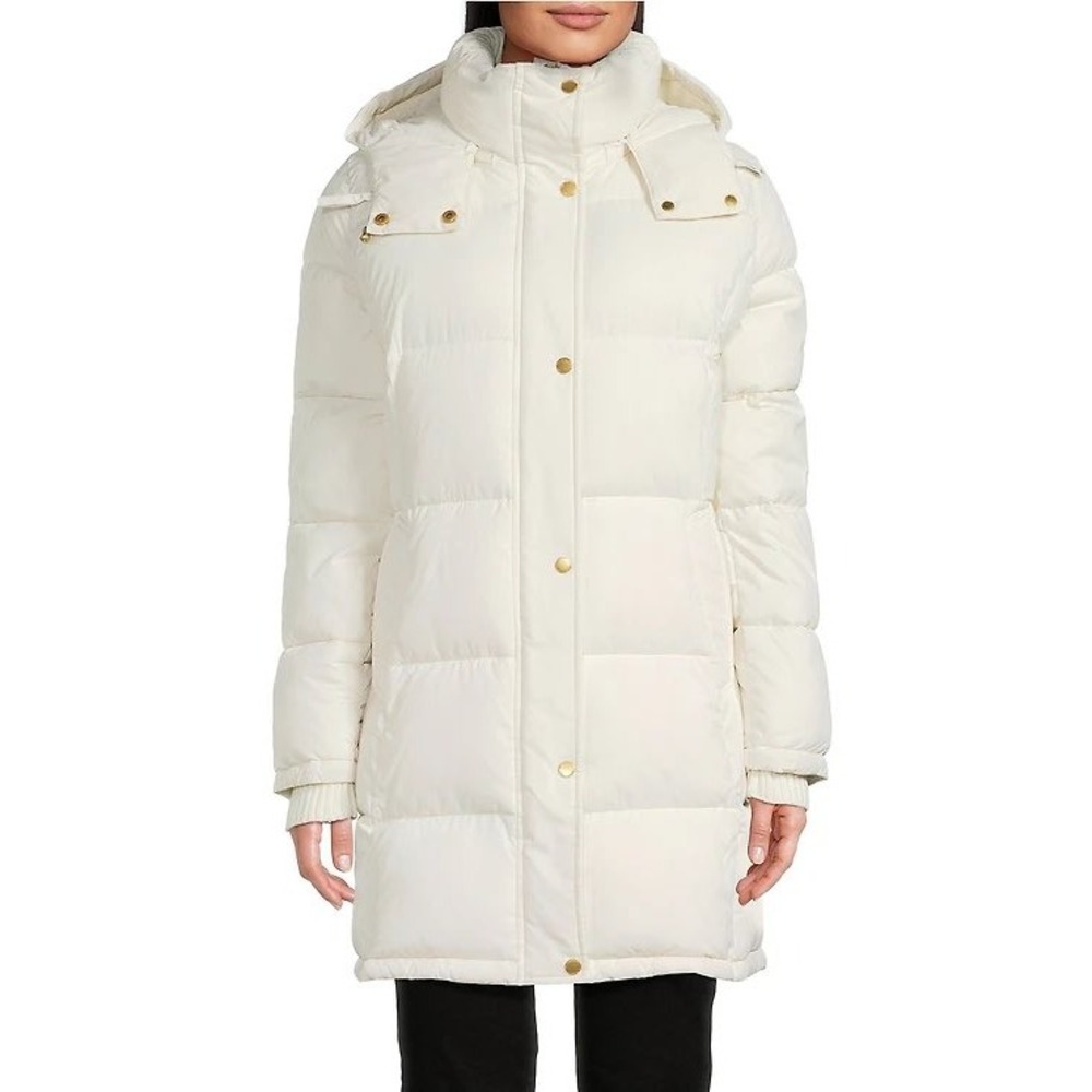 Donna Karan New York Womens Ivory Hooded Puffer Coat Parka jacket Sz M